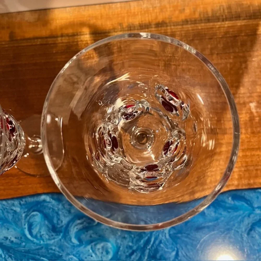 Set of (2) Crate & Barrel 8oz Blown Glass Fused Santa Wine Goblets Glasses